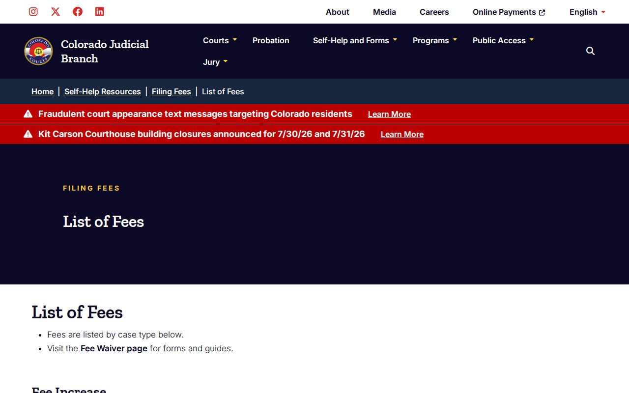 Yuma County court records Colorado court fee list