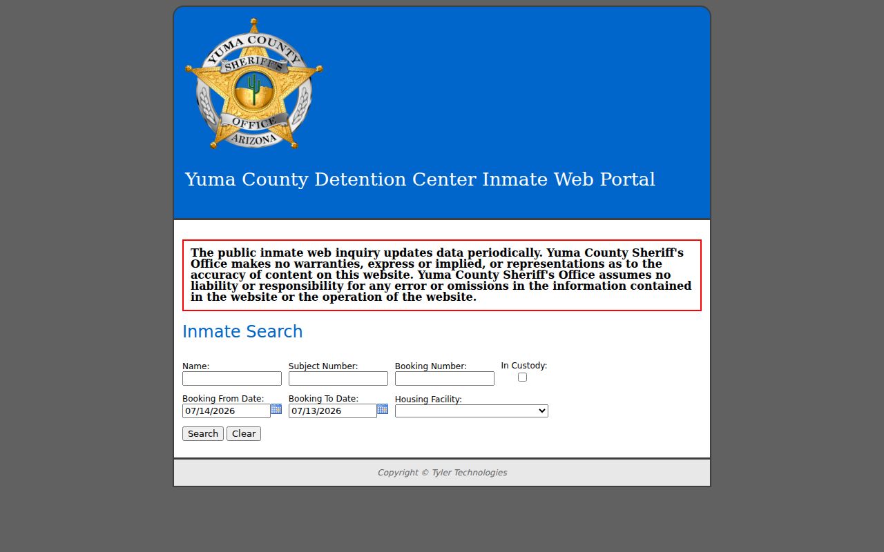 Yuma County Detention Center Inmate Web Portal search fields