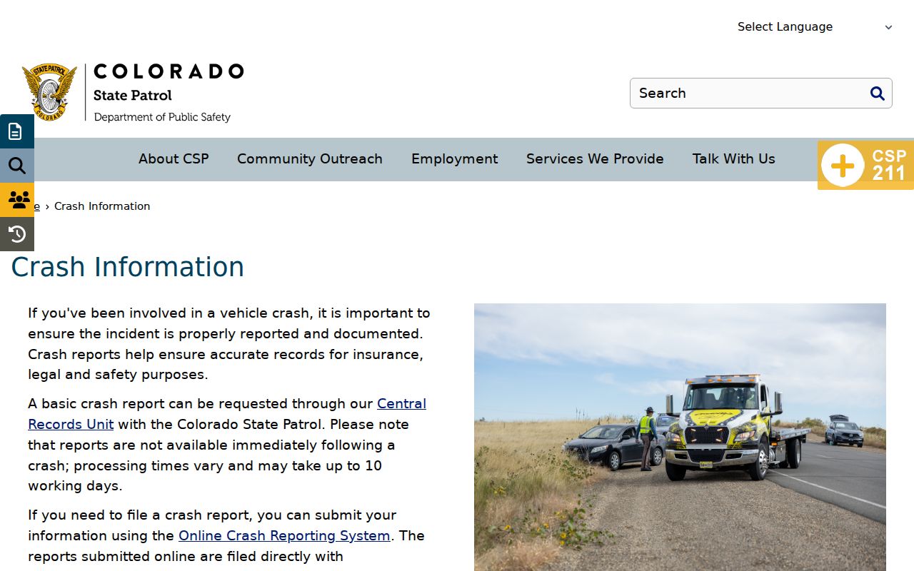 Colorado State Patrol crash information page for accident report requests