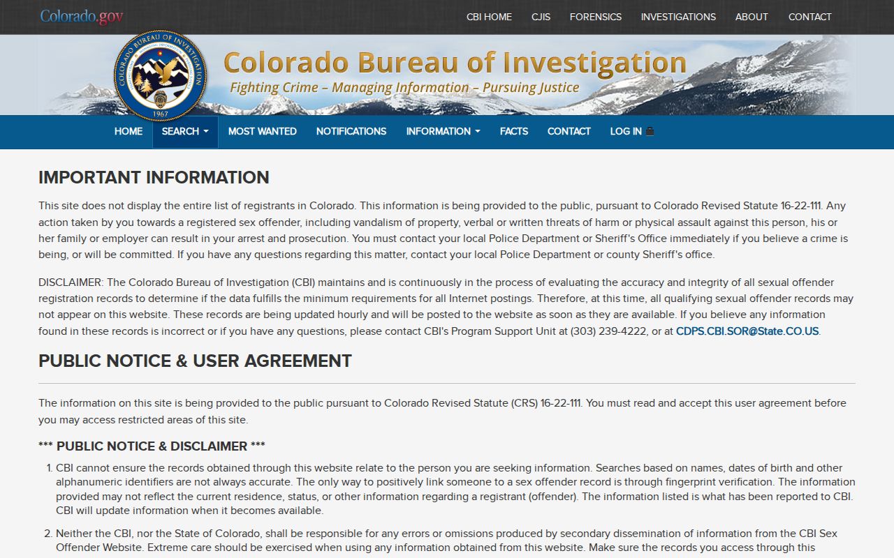 Colorado sex offender registry agreement page linked from Yuma County Sheriff resources